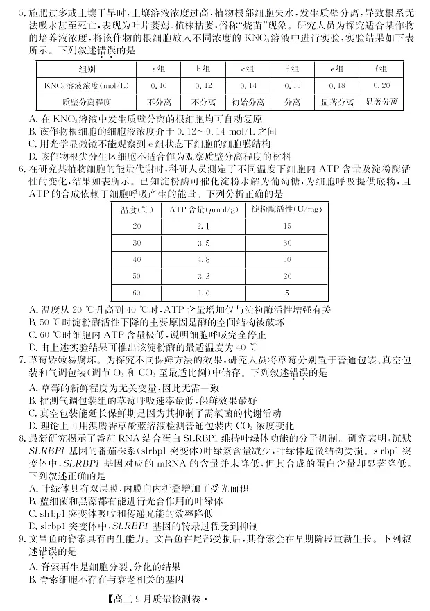 山西省三晋卓越联盟2025～2026学年高三上学期9月月考生物试卷第2页