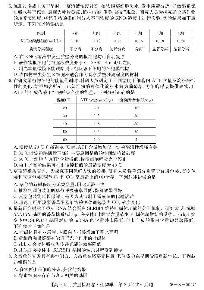 山西省三上学期晋卓越联盟2026届高三上学期9月质量检测（26-X-004C）生物试题+答案第2页
