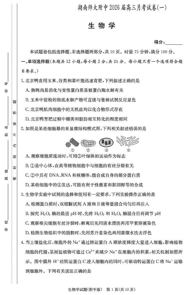 湖南师大附中2026届高三月考试卷（一）生物试卷（含答案）第1页