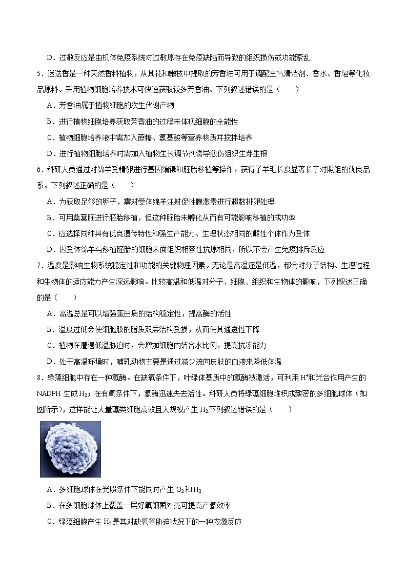 湖北省武汉市硚口区2025年高三年级起点质量检测生物试卷（含答案）第2页