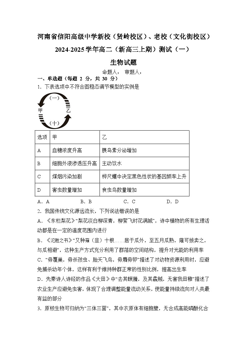 河南省信阳高级中学新校（贤岭校区）、老校（文化街校区）2024-2025学年高二（新高三上期）测试（一）生物试题第1页