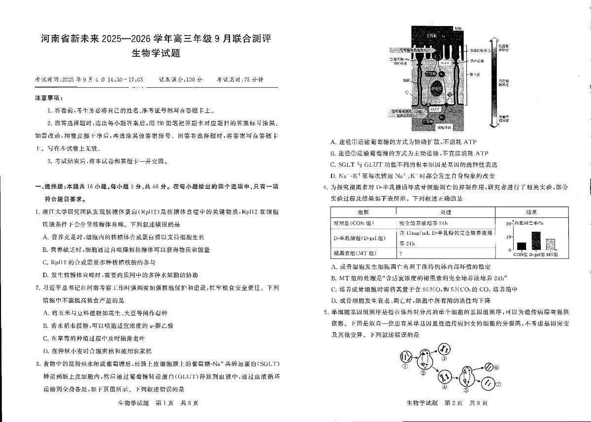 河南省新未来2025-2026学年高三年级9月份联合测评 生物第1页