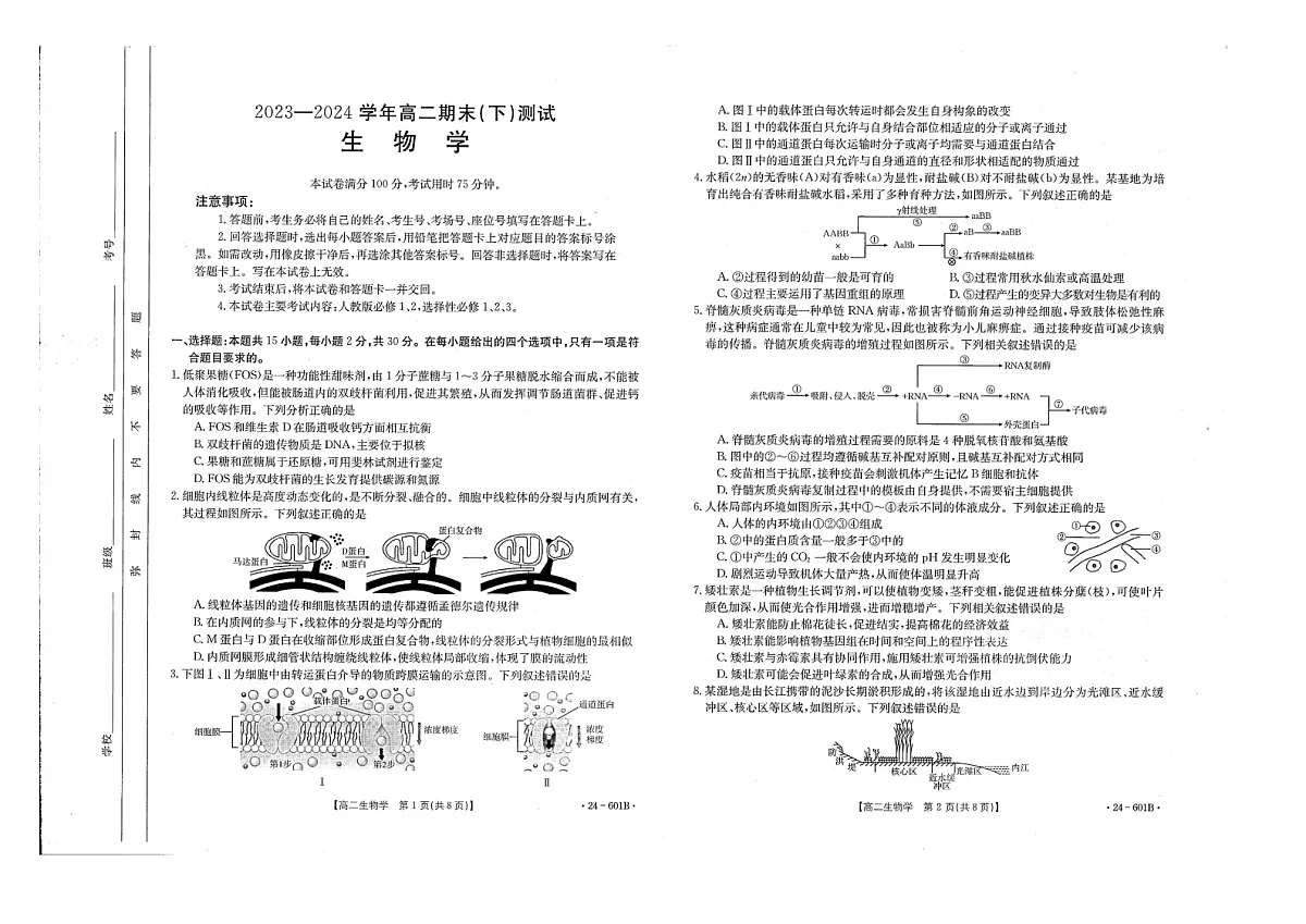 河南省新乡市2023-2024学年高二下学期7月期末生物试卷+答案第1页