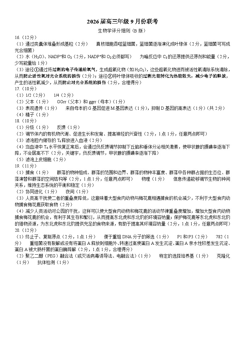 2026届高三年级9月份联考 生物评分细则第1页