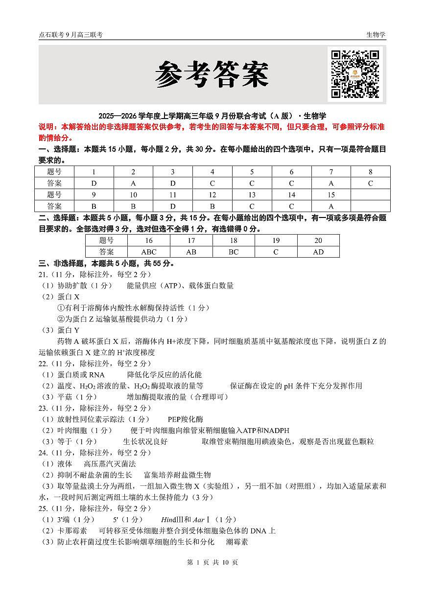 点石联考2025-2026学年度上学期高三年级9月份联合考试 生物（A版）答案第1页