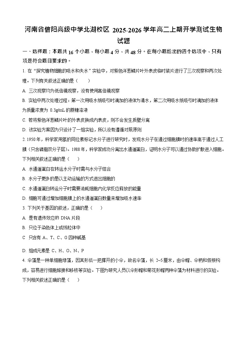 河南省信阳高级中学新校2025-2026学年高二上期开学测试生物试卷第1页