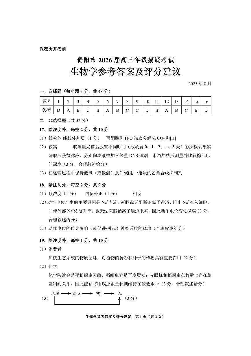 贵阳市2026届高三年级摸底考试试卷 生物答案第1页