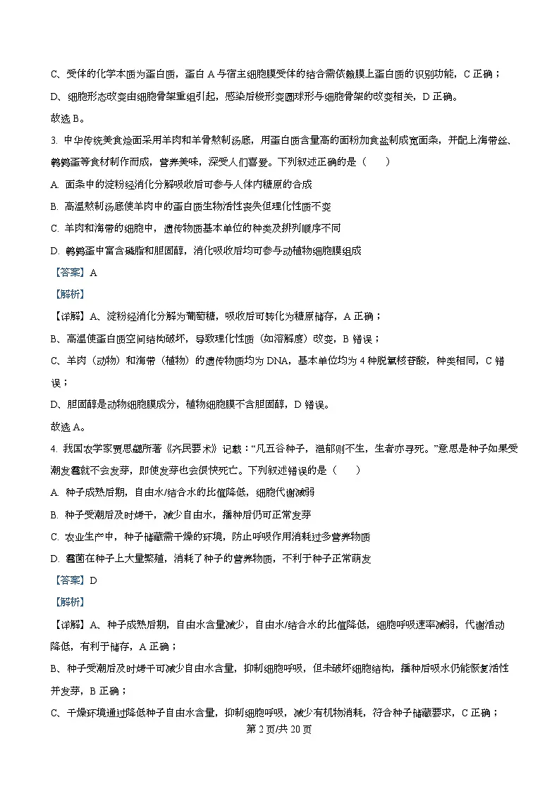 四川省南充市南充高级中学2026届高三上学期开学生物试题 Word版含解析第2页