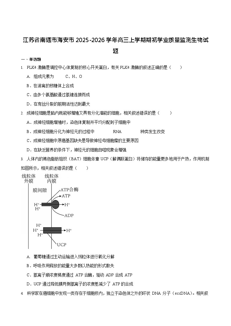 江苏省南通市海安市2025-2026学年高三上学期开学测试生物试卷第1页