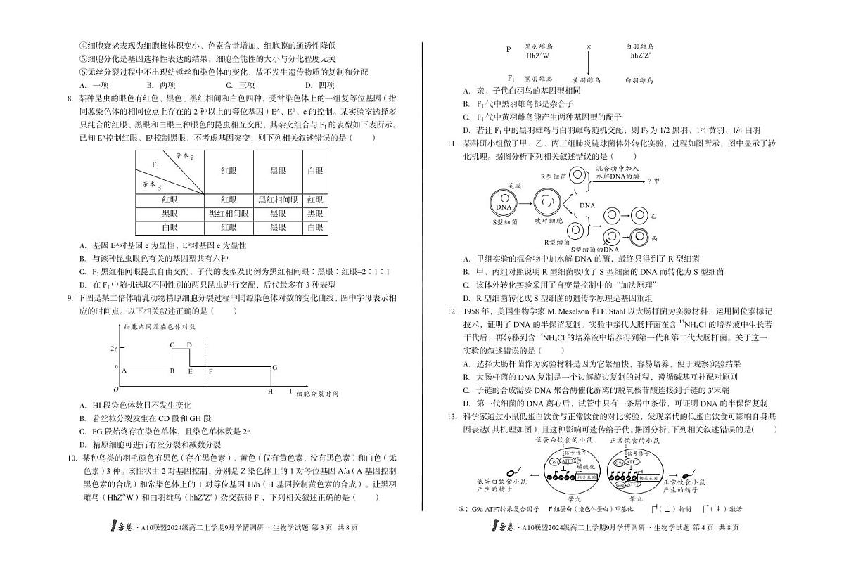 【8开】1号卷·A10联盟2024级高二上学期9月学情调研生物学第2页
