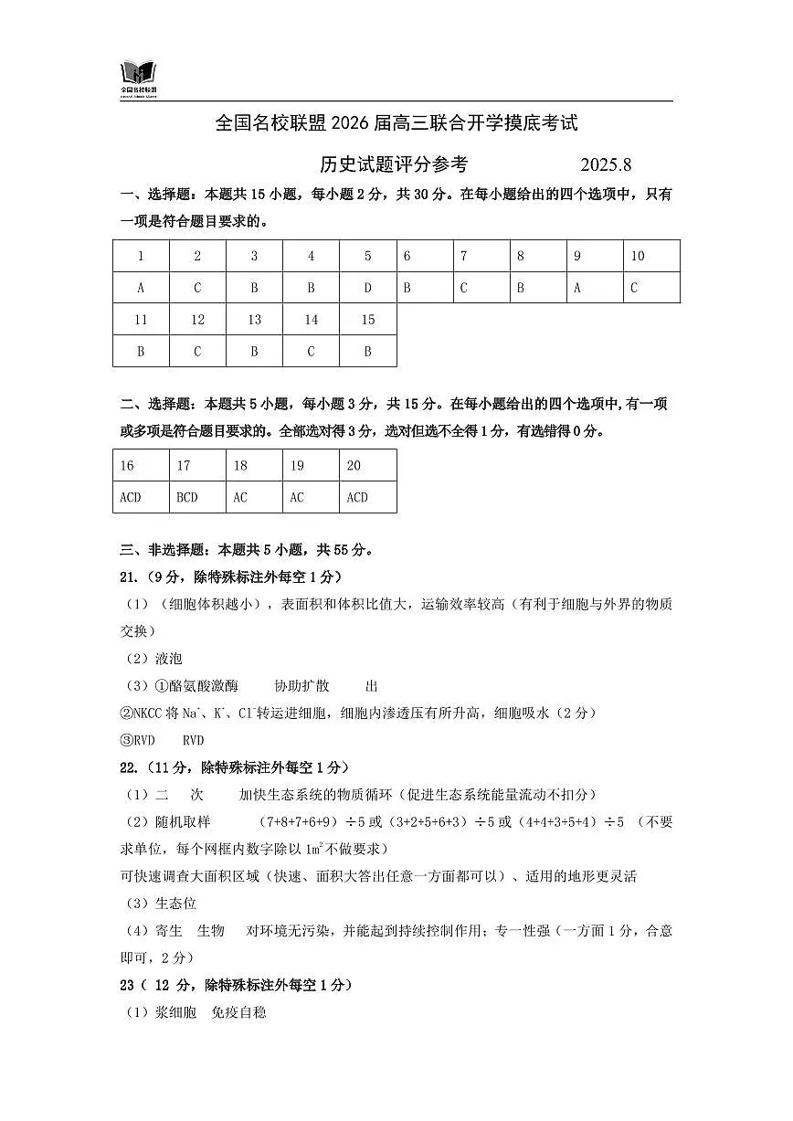 N生物试题评分参考：全国名校联盟2026届高三开学模拟考第1页