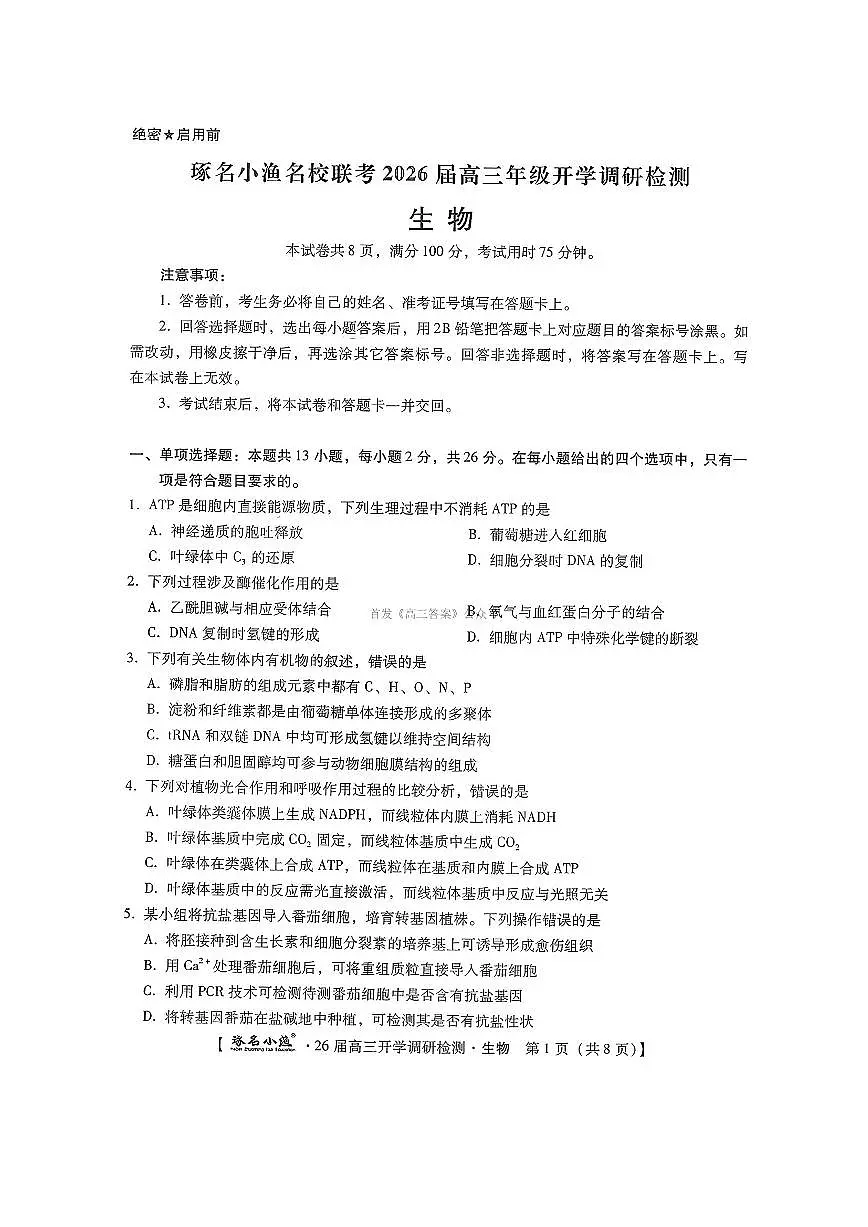 琢名小渔名校联考2026届高三年级上学期开学调研检测生物试题及答案第1页