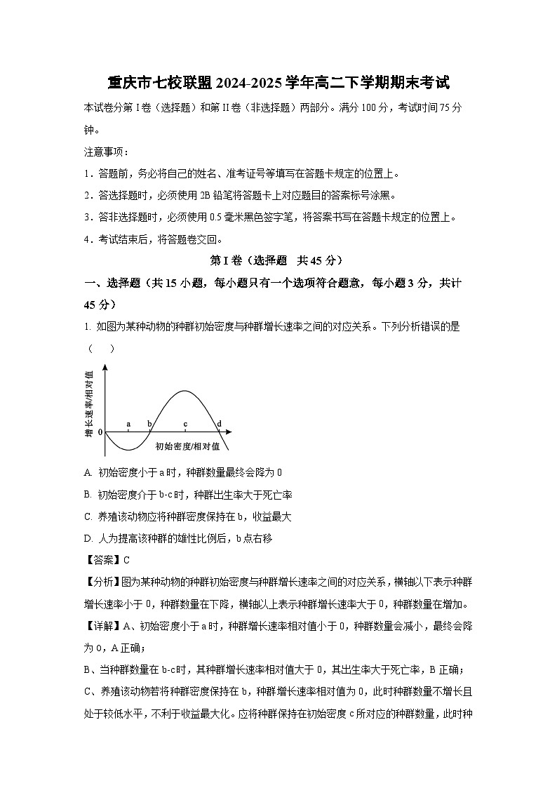 重庆市七校联盟2024-2025学年高二下学期期末考试生物试卷（解析版）第1页