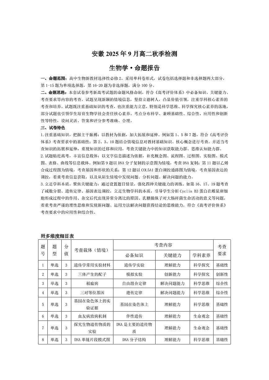 生物学安徽高二9月秋季检测命题报告第1页