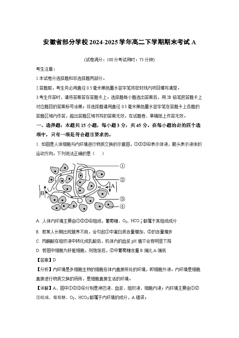 安徽省部分学校2024-2025学年高二下学期期末考试生物A生物试卷（解析版）第1页