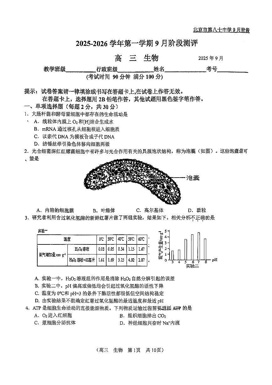 2025北京八十中高三上9月月考生物试卷（教师版）第1页