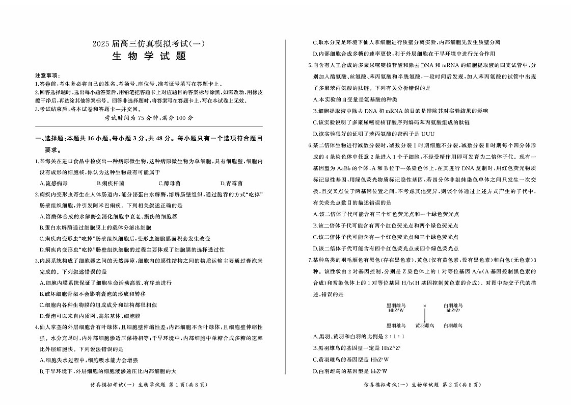 2025届百师联盟高三下学期11月仿真模拟（一）-生物试题（含答案）第1页