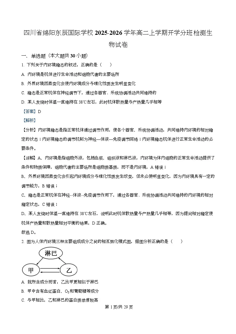 四川省绵阳市东辰国际学校2025-2026学年高二上学期开学分班检测生物试卷 Word版含解析第1页