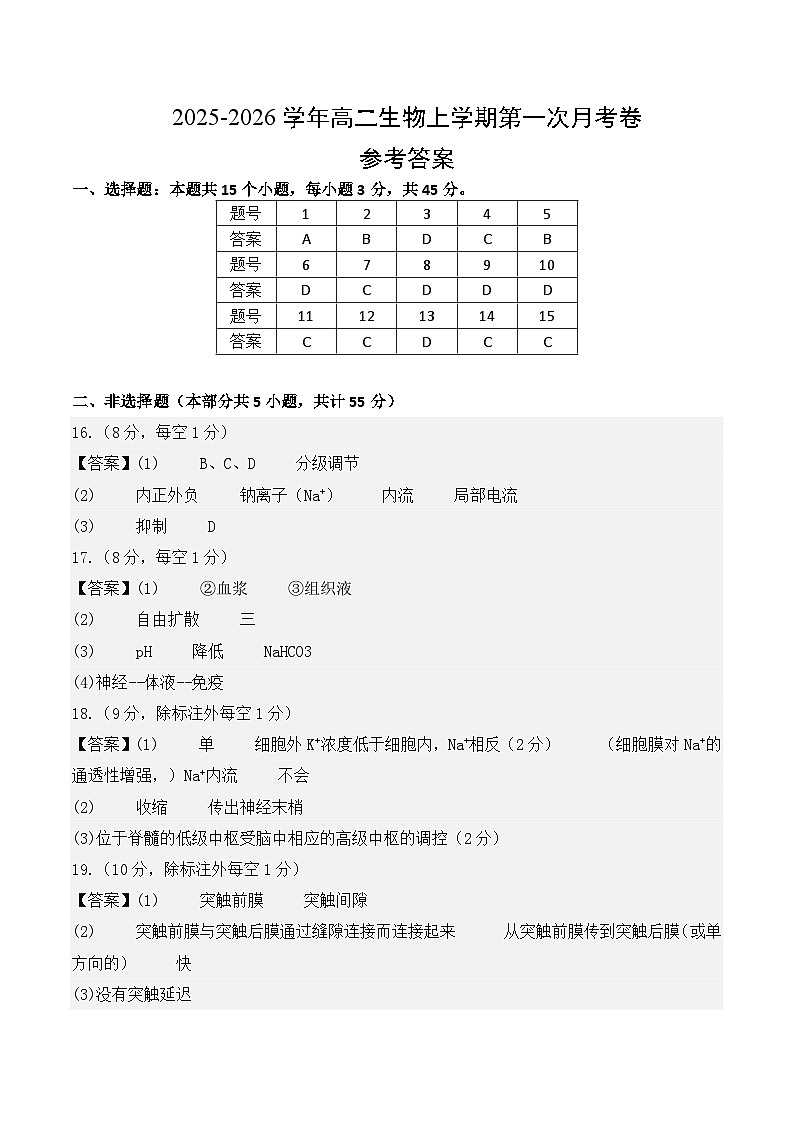高二生物第一次月考卷单选版（参考答案）（人教版2019）第1页
