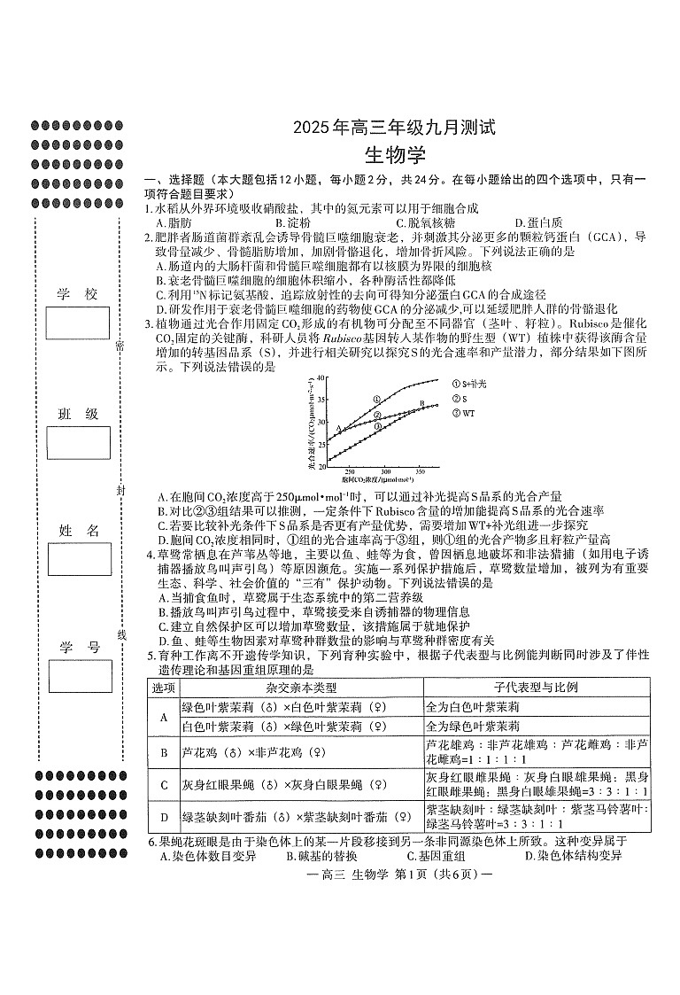 江西省南昌市高考零模2026届高三上学期9月测试生物试卷第1页