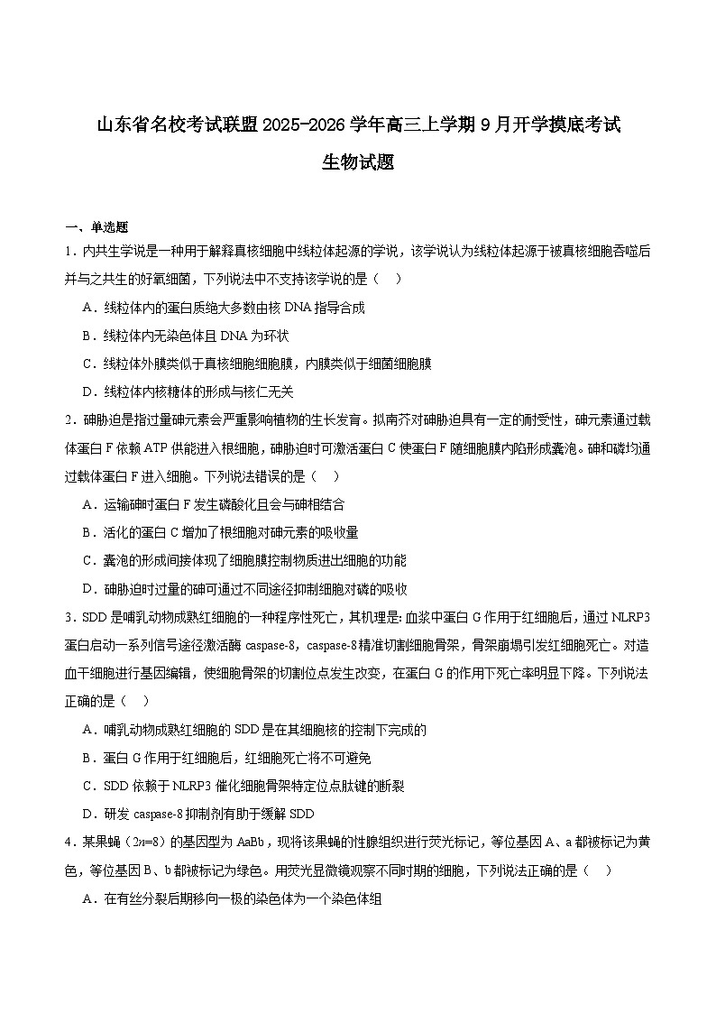 山东省名校考试联盟2026届高三上学期开学摸底考试生物试题（Word版附答案）第1页