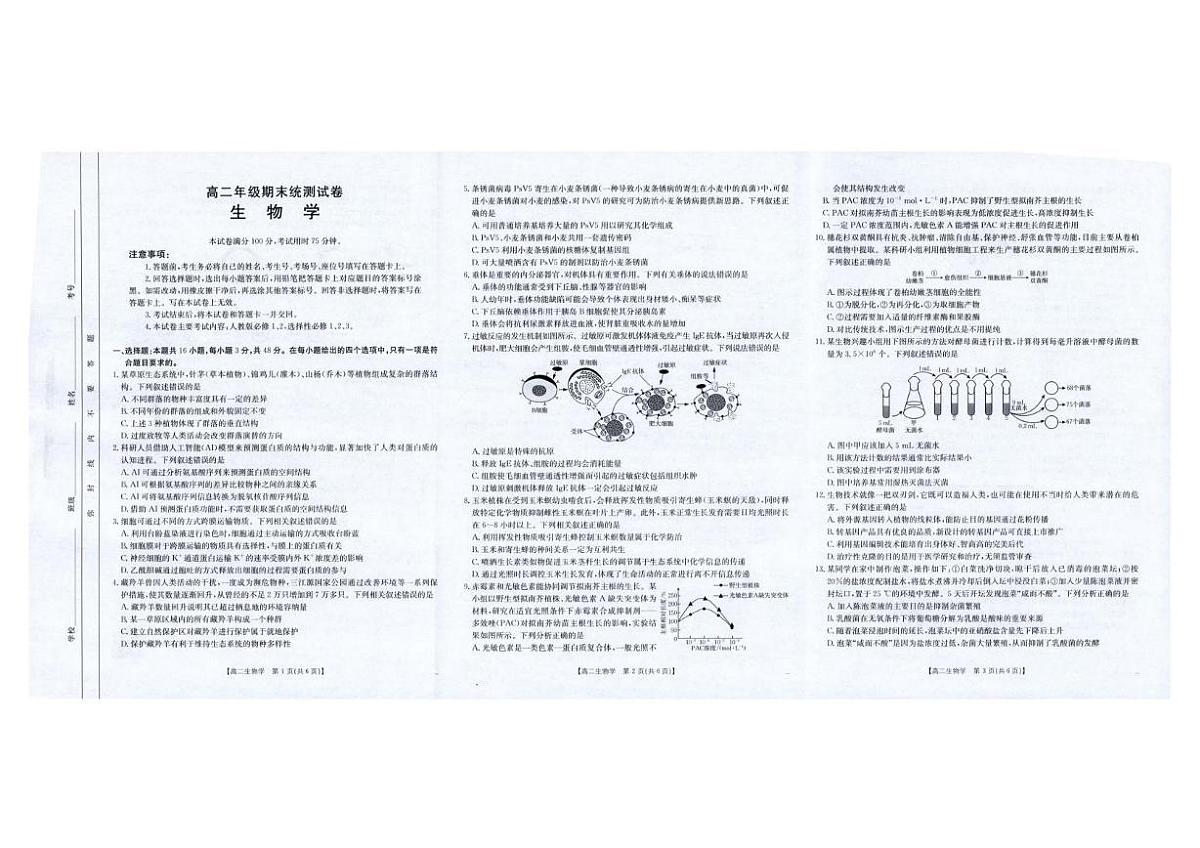 云南省临沧市部分学校2024-2025学年高二下学期期末质量测试生物试卷+答案第1页