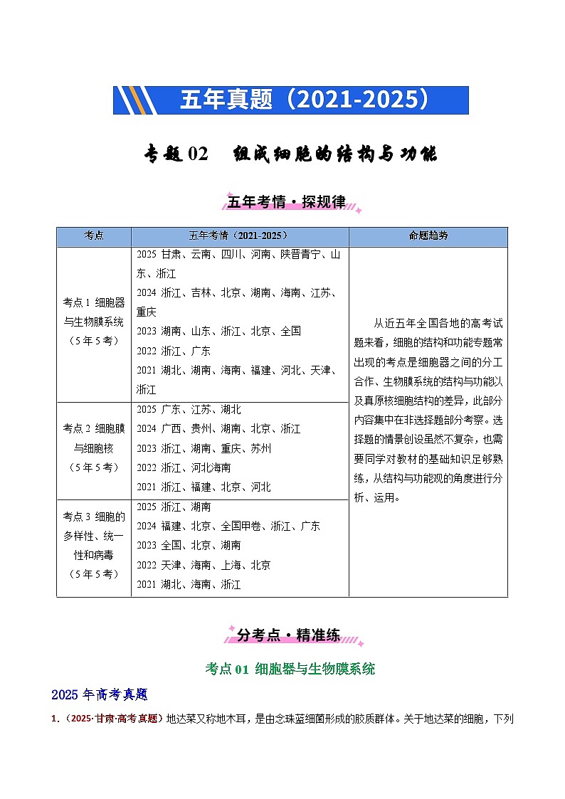 五年（2021-2025）高考生物真题分类汇编：专题02 细胞的结构与功能（全国通用）（原卷版）第1页