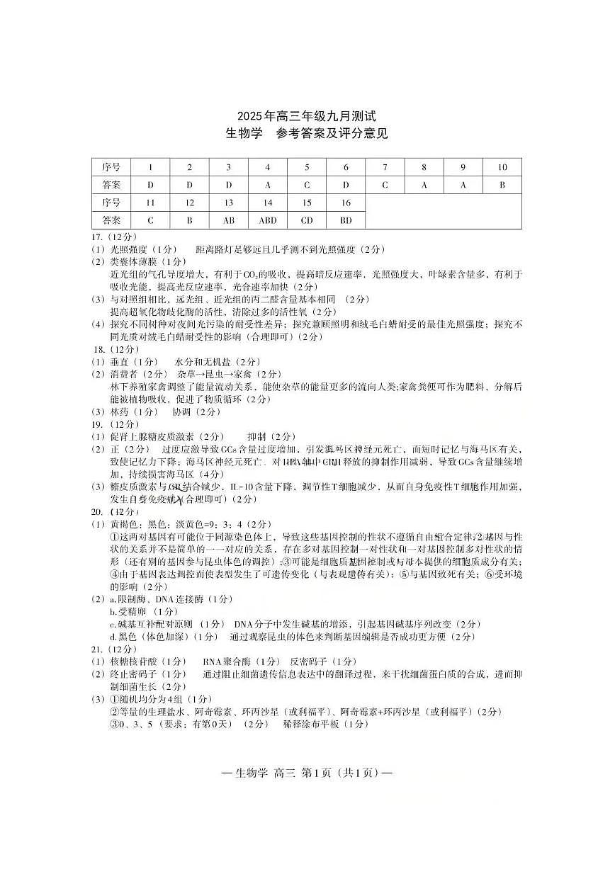 生物答案-江西省南昌市2025年高三年级九月测试第1页
