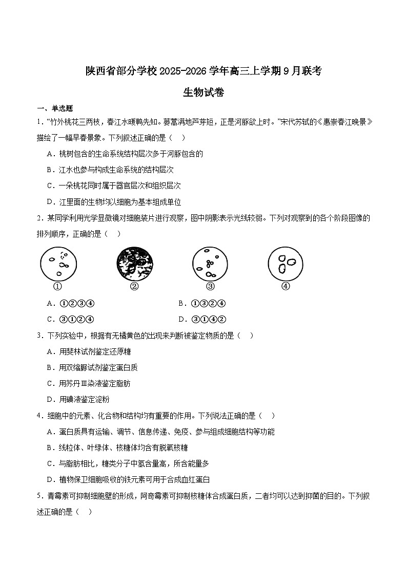 陕西省部分学校2026届高三上学期9月联考生物试卷（Word版附答案）第1页