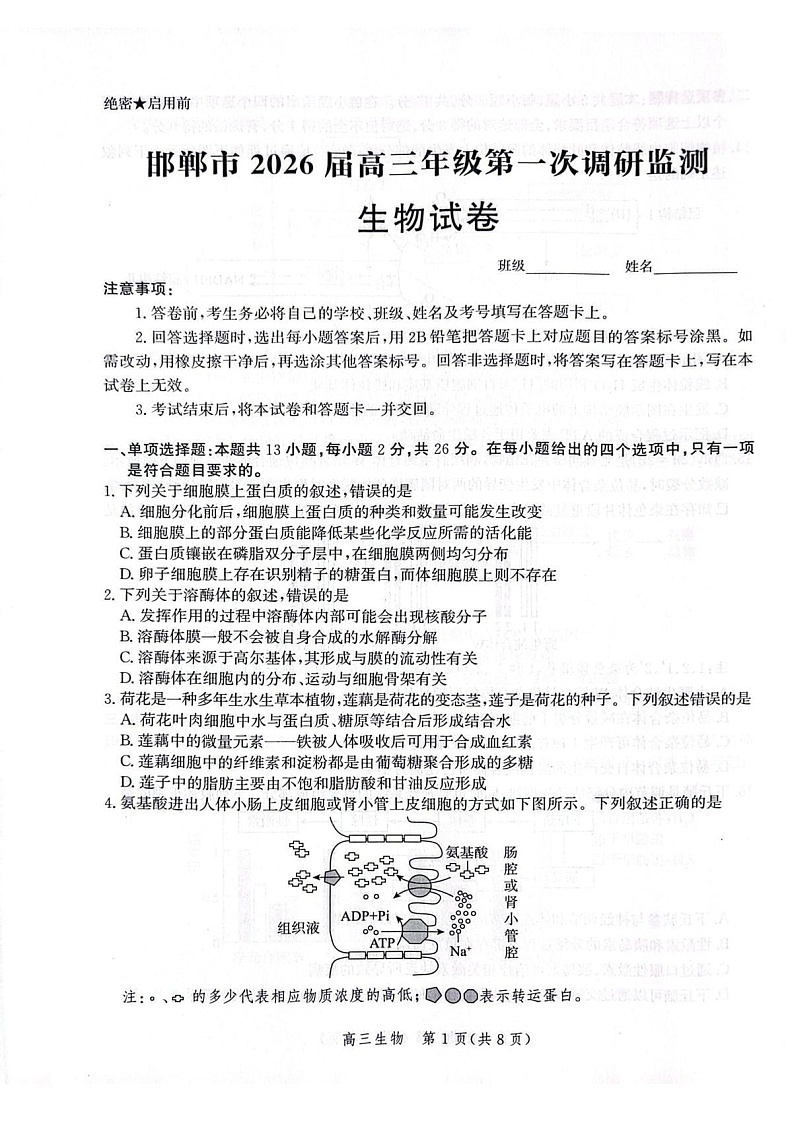 河北省邯郸市2025-2026学年高三上学期第一次月考生物试卷第1页