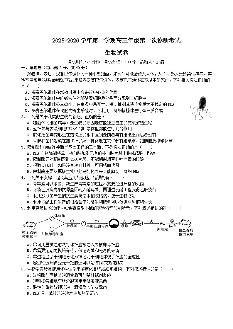 2026巴彦淖尔一中高三上学期第一次诊断考试生物含答案第1页