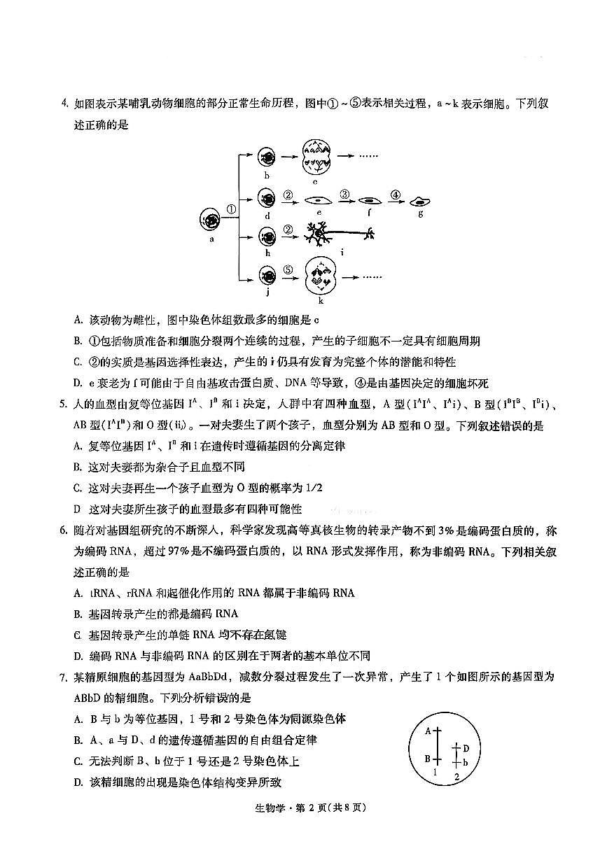 昆明市第一中学2026届高三年级第一次联考+生物第2页