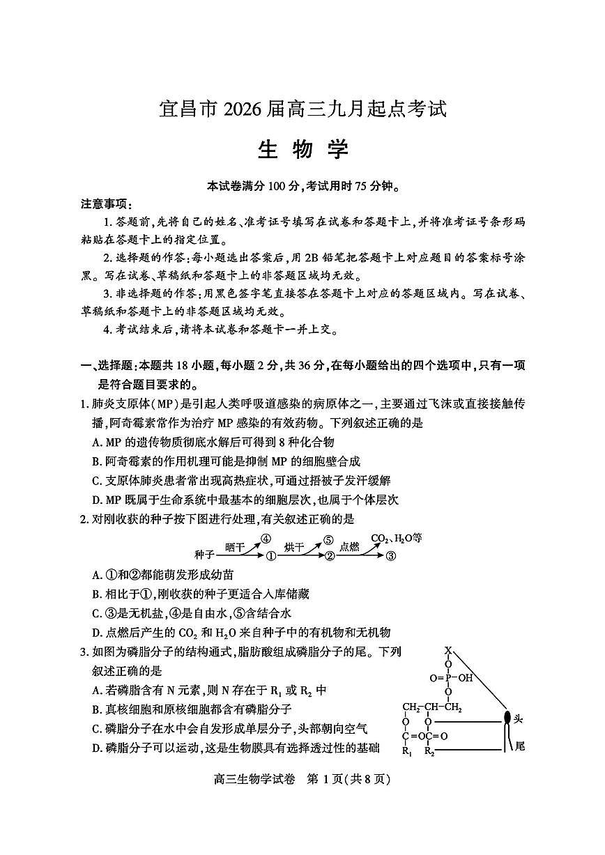 湖北省宜昌市2026届高三上学期9月起点考-生物试题+答案第1页
