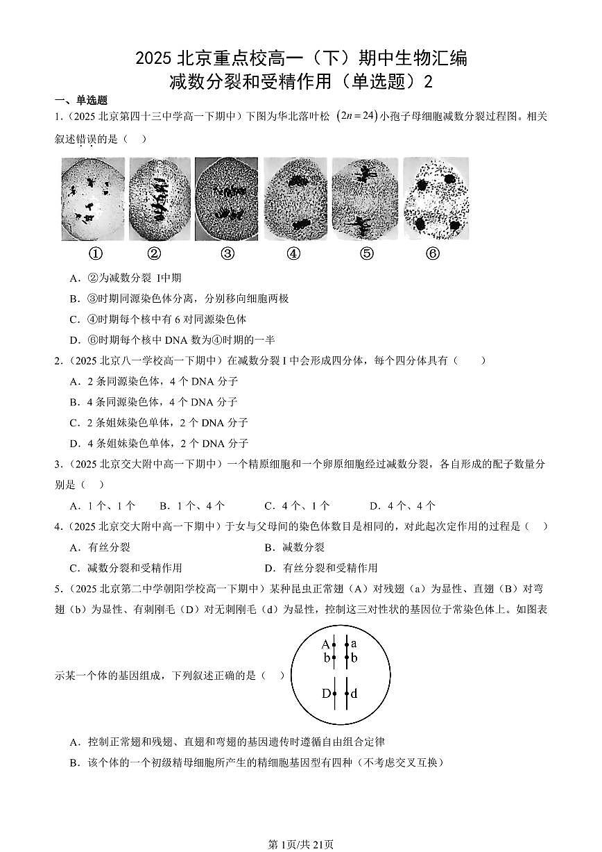 2025北京重点校高一（下）期中生物汇编(试题)：减数分裂和受精作用（单选题）2 有答案解析第1页