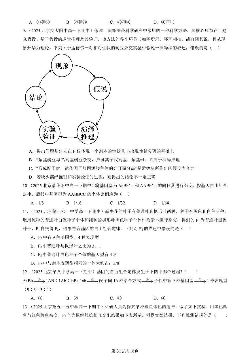 2025北京重点校高一（下）期中生物汇编(试题)：孟德尔的豌豆杂交实验（二）（单选题）1 有答案解析第3页