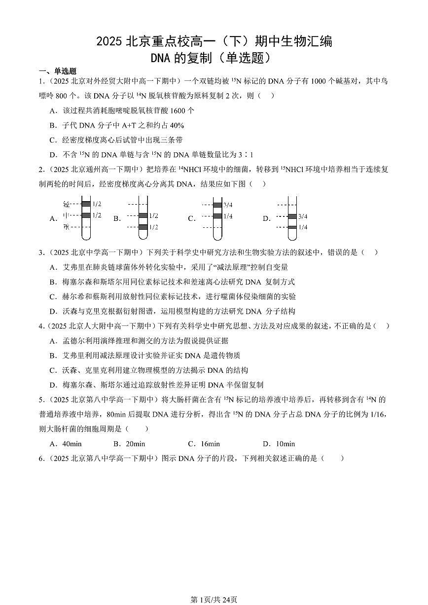 2025北京重点校高一（下）期中生物汇编(试题)：DNA的复制（单选题） 有答案解析第1页