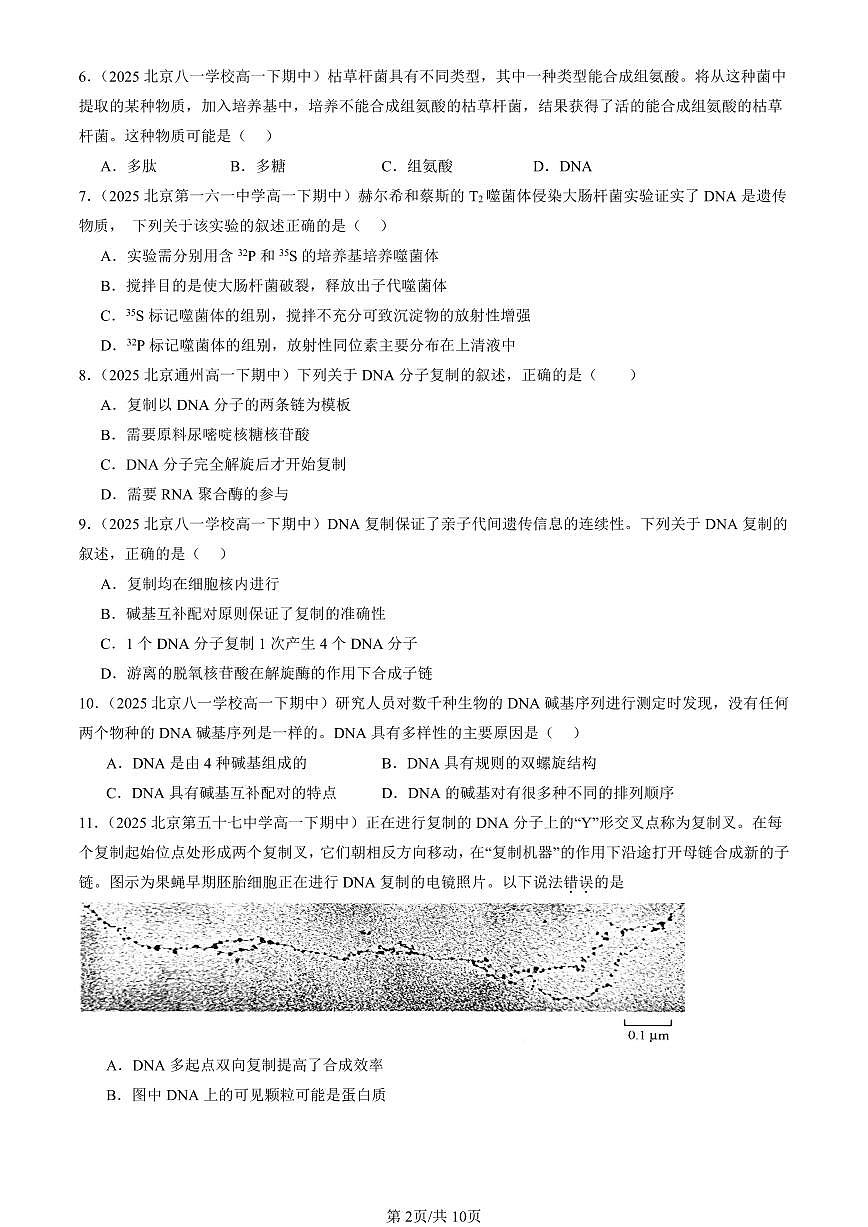 2025北京重点校高一（下）期中生物汇编(试题)：基因的本质章节综合（单选题）4 有答案解析第2页