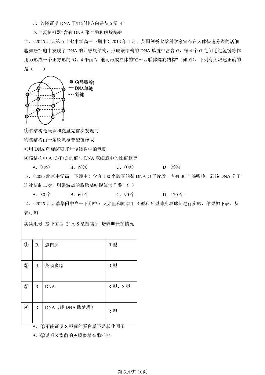 2025北京重点校高一（下）期中生物汇编(试题)：基因的本质章节综合（单选题）4 有答案解析第3页