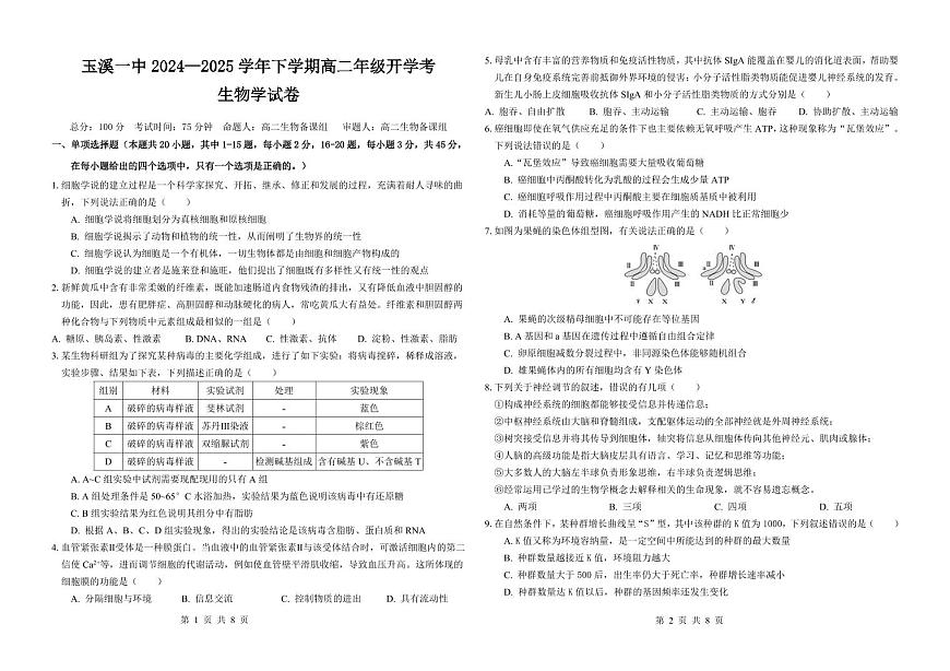 云南省玉溪市一中2024-2025学年高二下学期开学考试生物试卷+答案第1页