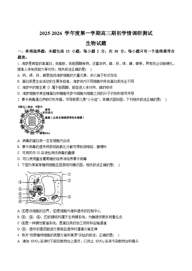 2026扬州高邮高三上学期期初学情调研测试生物含答案第1页