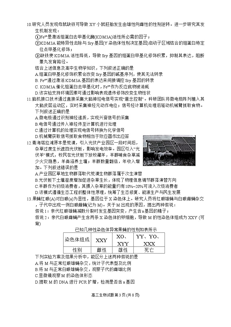 2026泉州高三上学期质量监测（一）生物含答案第3页