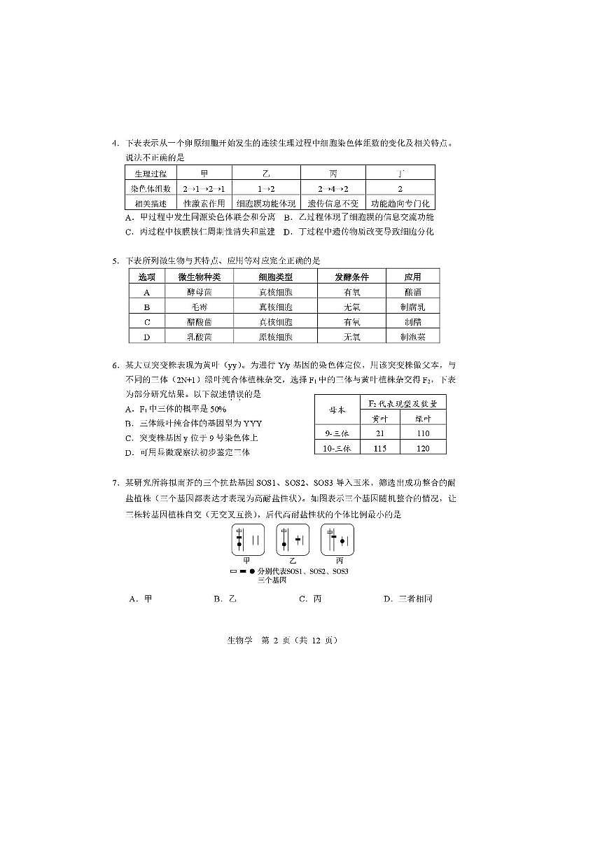 2026届北京市普通高中学业水平等级性考试适应性练习(生物)试卷(无答案)第2页