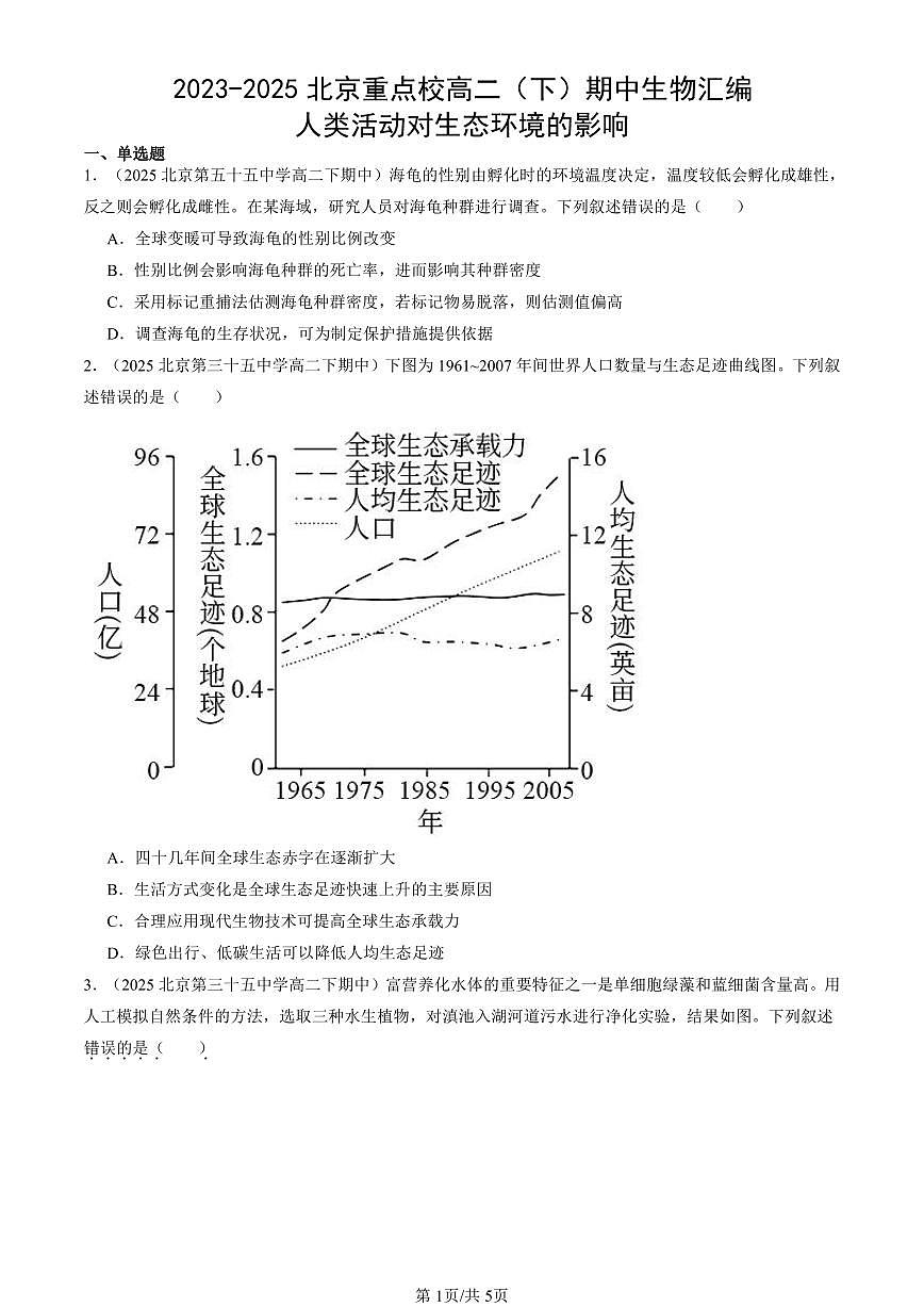 2023-2025北京重点校高二（下）期中生物汇编：人类活动对生态环境的影响第1页