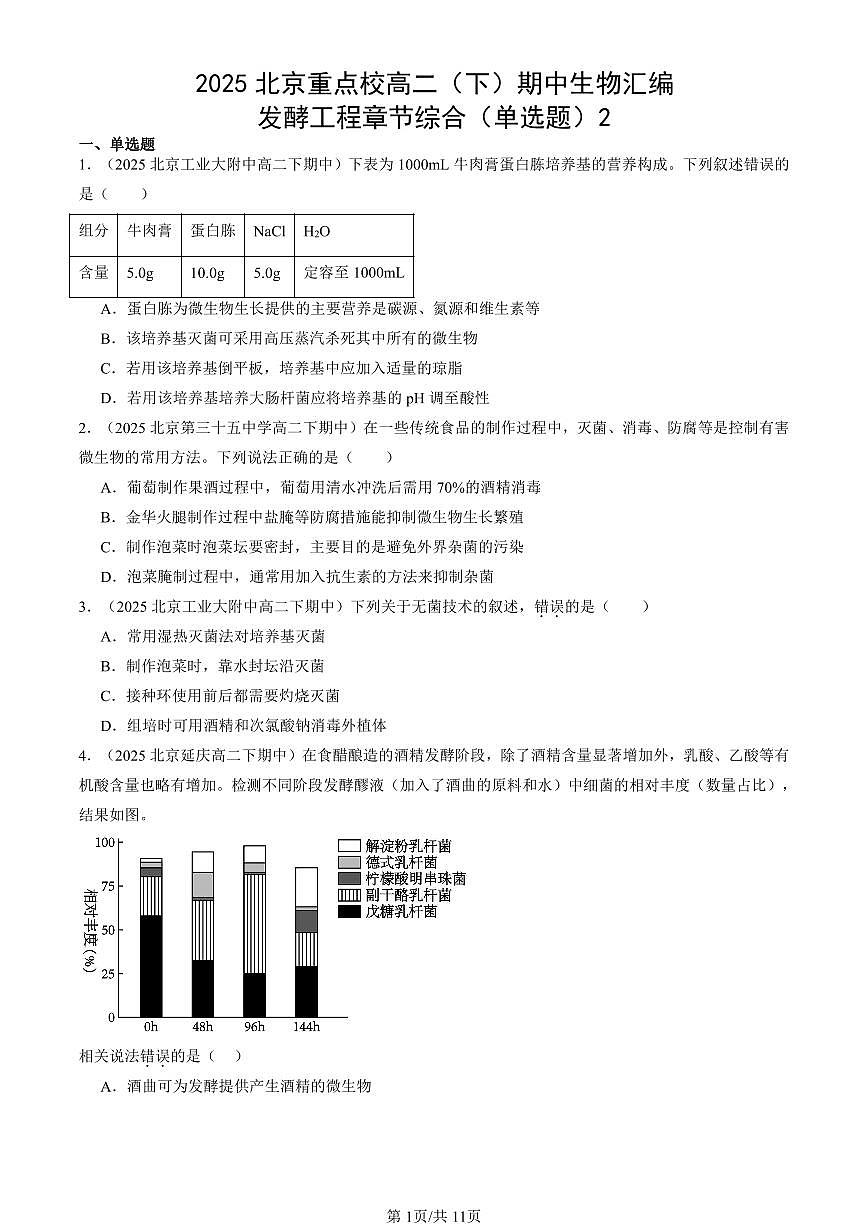 2025北京重点校高二（下）期中生物汇编：发酵工程章节综合（单选题）2第1页