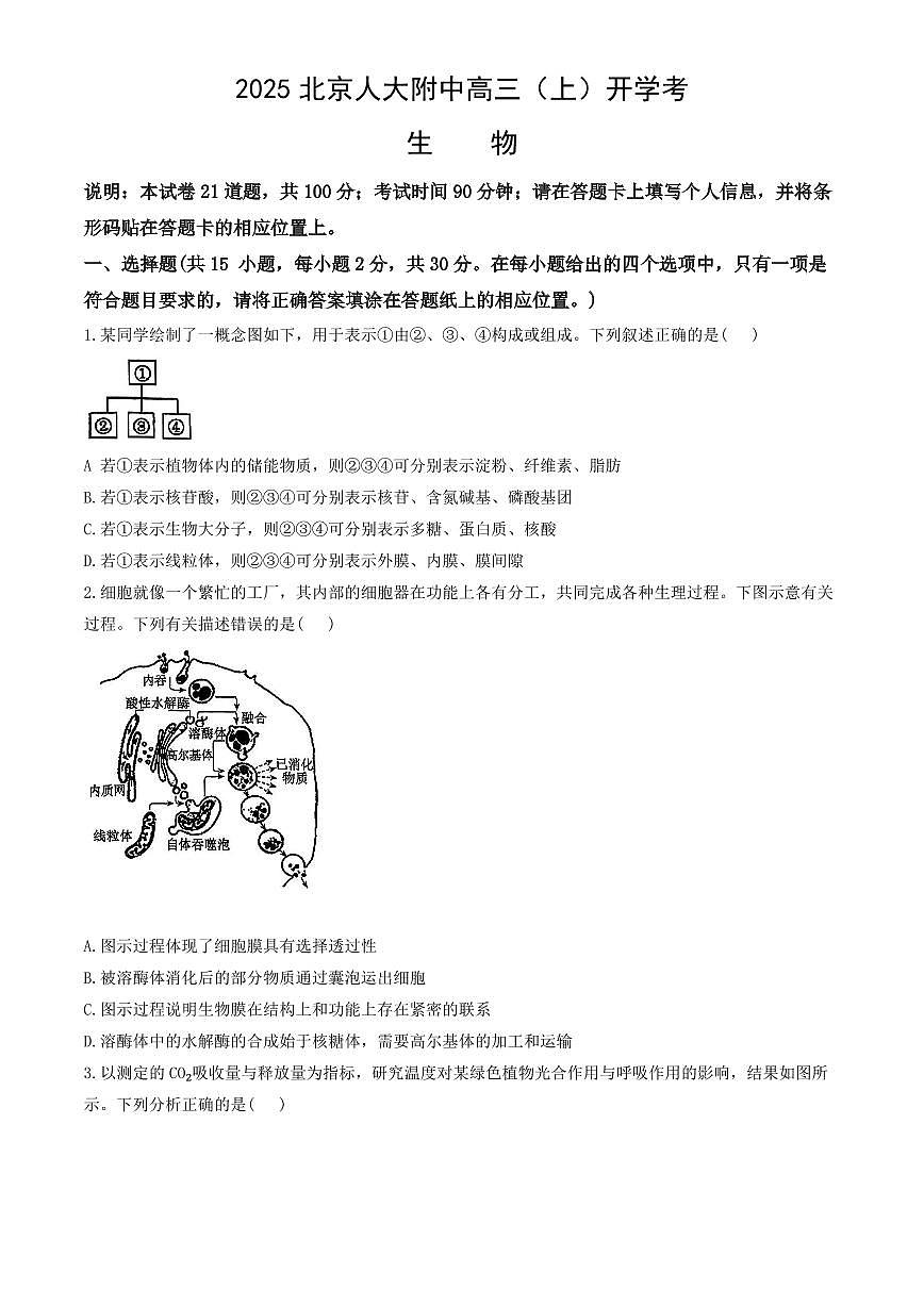 2025北京人大附中高三（上）开学考生物试卷第1页