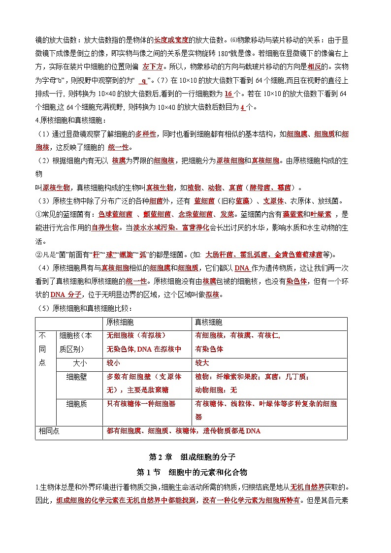 2026年高考生物一轮复习：人教版必修1《分子与细胞》教材重点知识点考点清单 讲义第2页