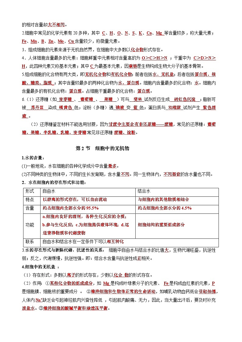 2026年高考生物一轮复习：人教版必修1《分子与细胞》教材重点知识点考点清单 讲义第3页