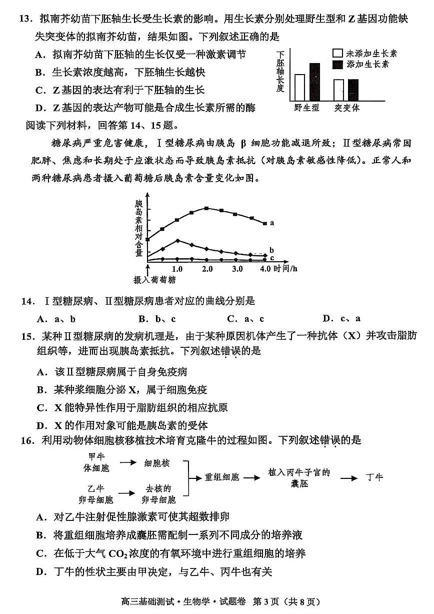 2025年嘉兴市高三基础测试+生物第3页