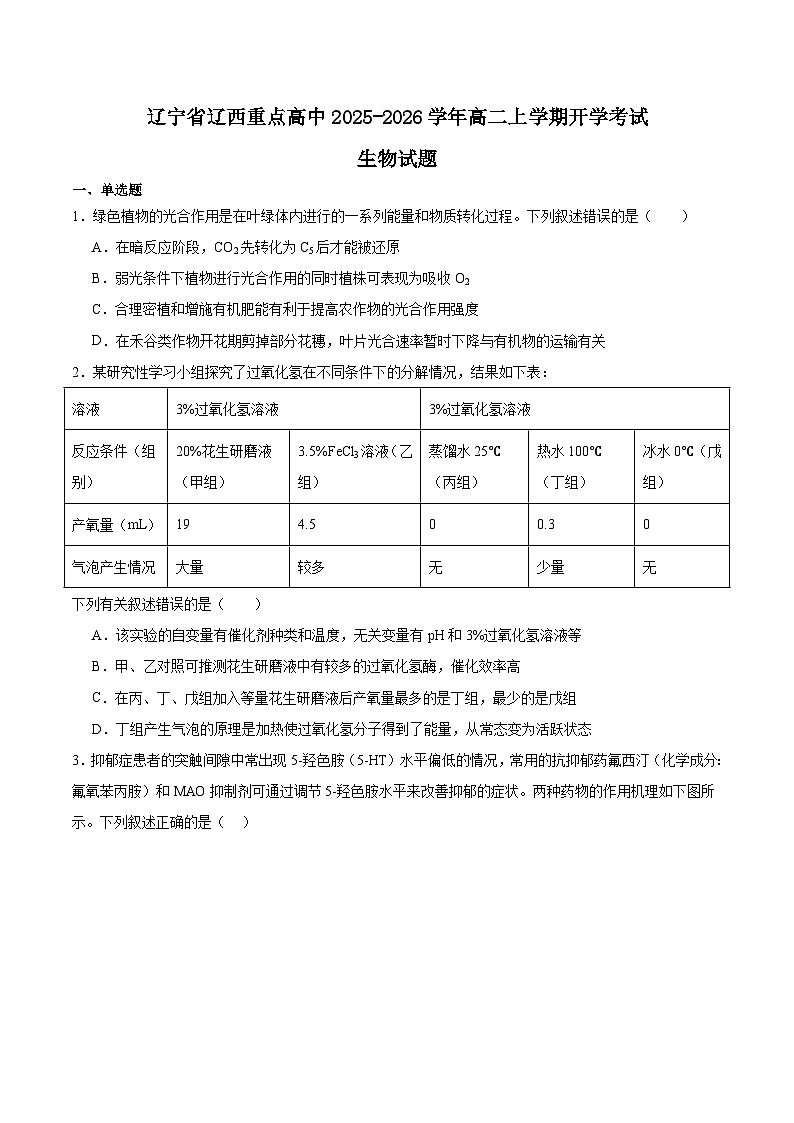 2026辽宁省辽西重点高中高二上学期开学考试生物含答案第1页