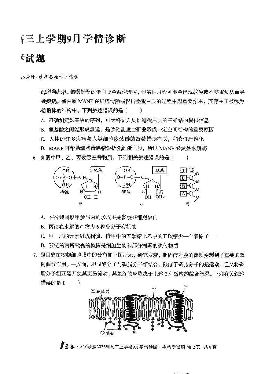 2026届安徽省A10联盟高三上学期9月底学情调研生物第2页